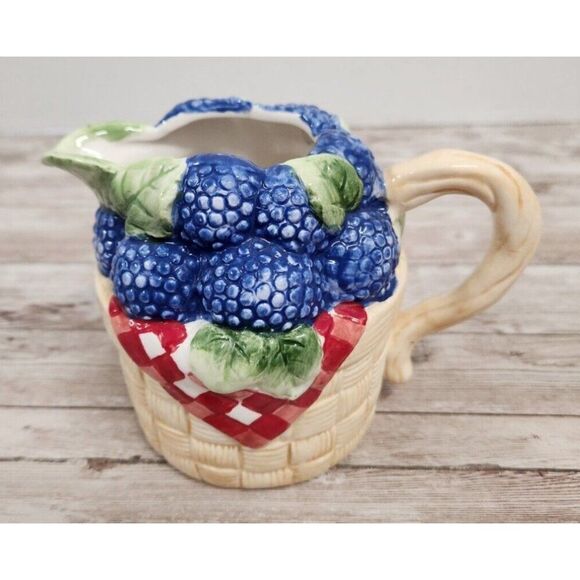Fresh Berries Creamer Small Pitcher Harvest 4" Purple Red Tan Handle Spout - Picture 1 of 6